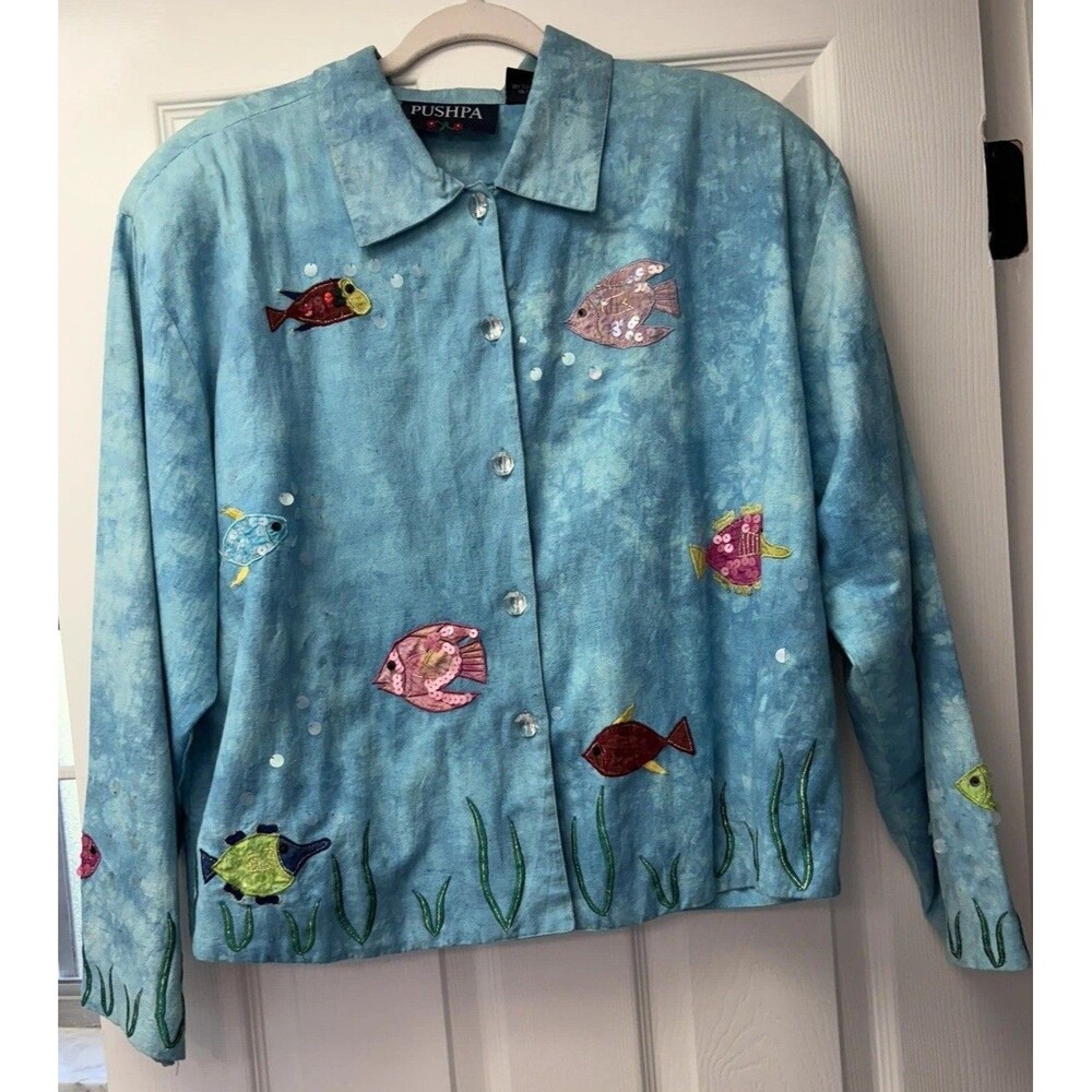 VTG 90s Pushups Art To Wear Fish Aquarium Shacket  XL Sequin Lucite Button Blue